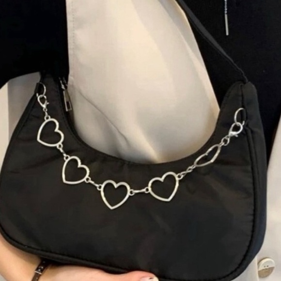 Boutique Handbags - Black Nylon With Heart Shaped Removal Chain Black Shoulder Bag, NWT
